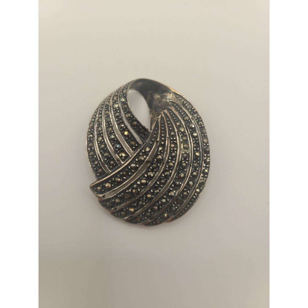 Vintage 925 Sterling Silver Marcasite Spiral Swirl Brooch Pin Art Deco Geometric